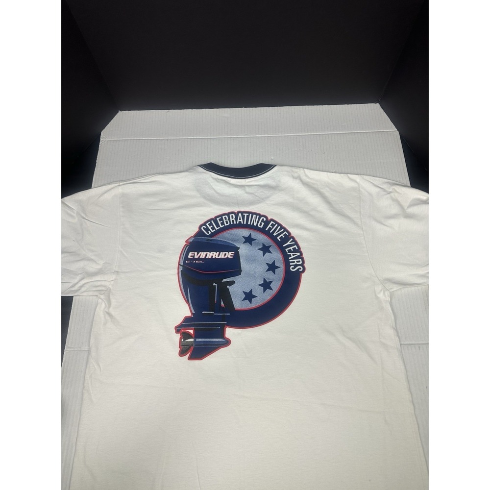 Evinrude E-Tec Outboards Men's Sz Large Tshirt White Blue Ringer